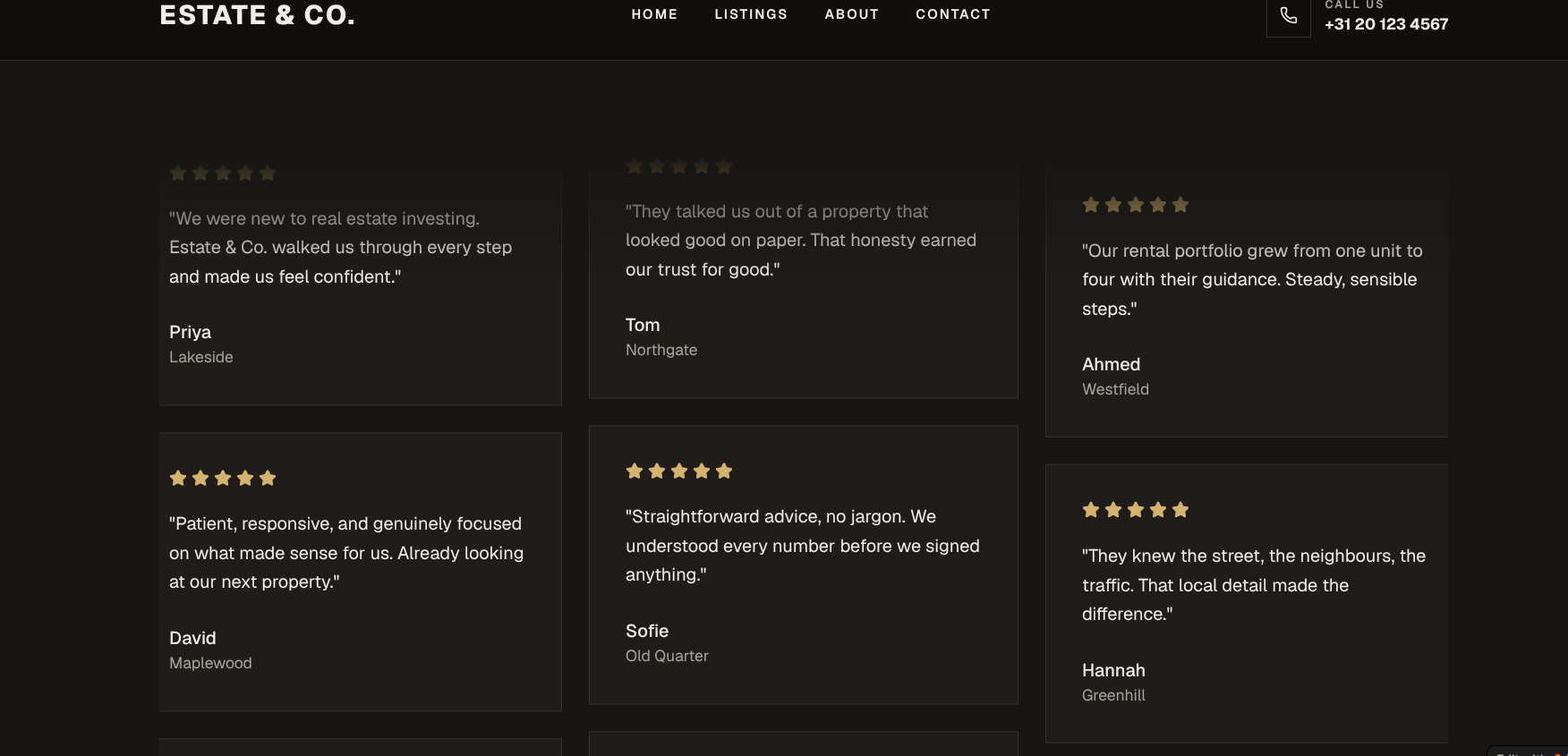 Estate & Co. testimonials section screenshot